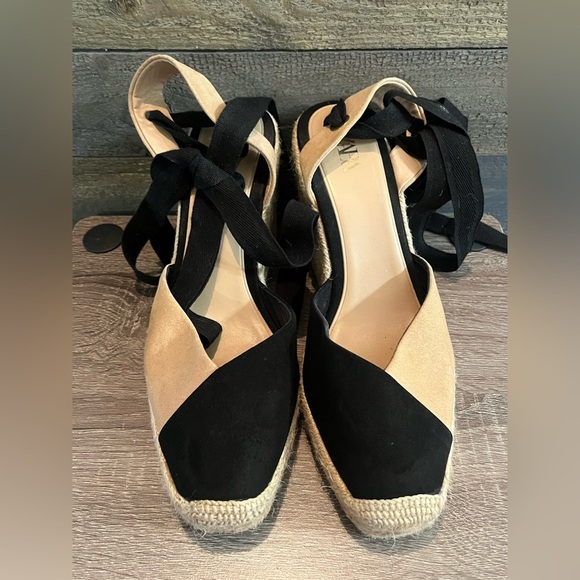 Zara Espadrille Wedge Sandals Black Tan Ankle Tie Wrap Platform Heels Size 8.5 - Picture 11 of 16